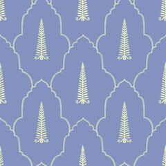 Pine tree illustration seamless pattern tropical, ethnic, mughal arch repeated illustrated colorful background.