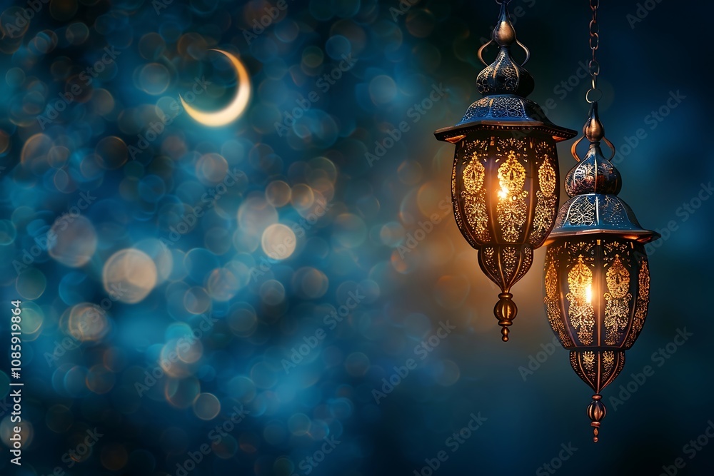 Poster ramadan kareem background with lanterns and dates. 3d rendering