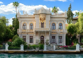 Obraz premium Majestic Historic Mansion by the Water with Lush Greenery and Beautiful Blue Sky, Capturing Architectural Elegance and Scenic Beauty in a Picturesque Setting