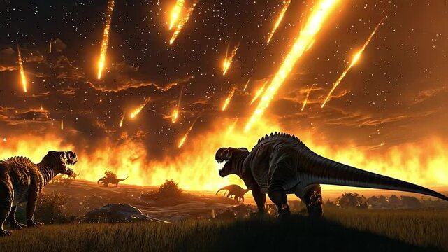 Dinosaurs Facing Extinction: A dramatic and apocalyptic scene of dinosaurs facing a fiery meteor shower, representing the extinction of a species.  