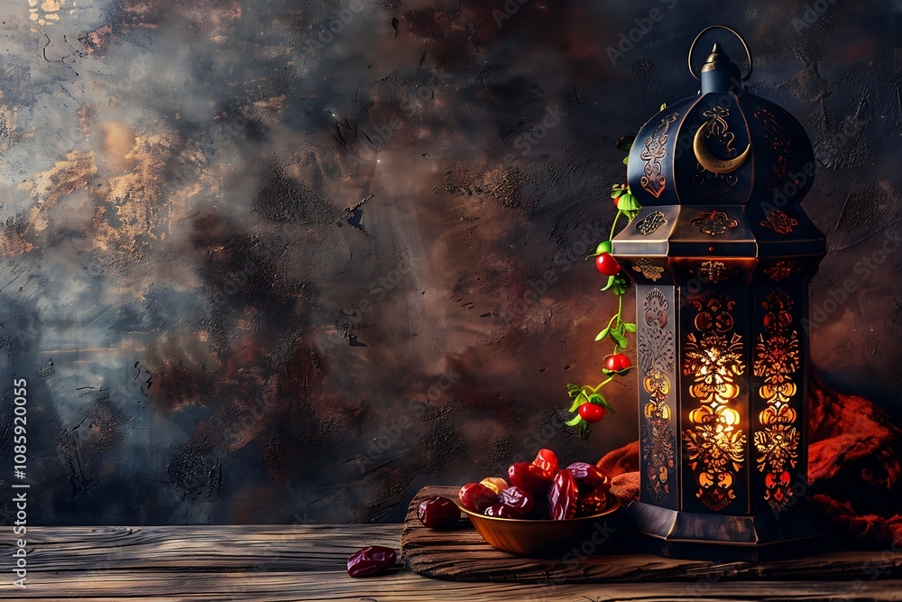 Poster ramadan kareem background with lanterns and dates. 3d rendering