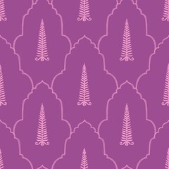 Pine tree illustration seamless pattern tropical, ethnic, mughal arch repeated illustrated colorful background.