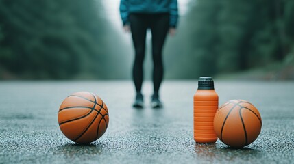 Focused Athlete Standing on an Outdoor Road Surrounded by Basketballs and a Water Bottle in a Misty Forest Environment - Powered by Adobe