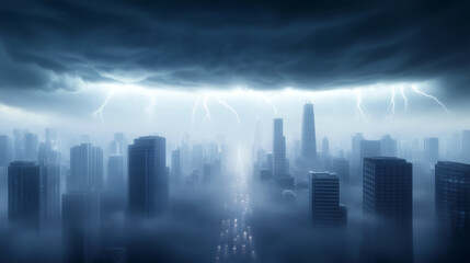 Dramatic thunderstorm over a modern city skyline with heavy clouds and bright lightning at dusk