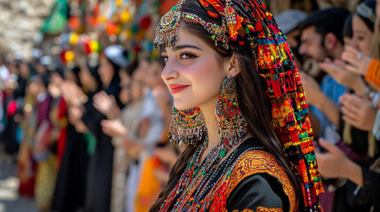 Beautiful young woman in traditional colorful Kurdish festival costume