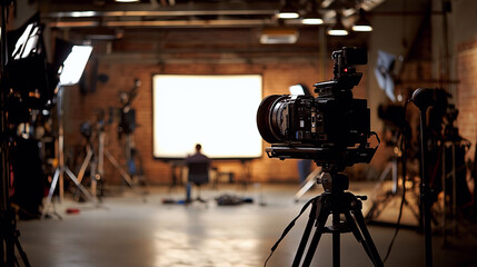 Professional video camera setup in film studio with lighting equipment