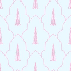 Pine tree illustration seamless pattern tropical, ethnic, mughal arch repeated illustrated colorful background.
