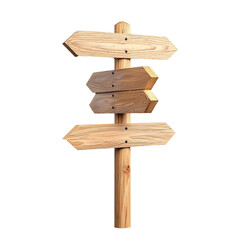Wooden directional signpost with three arrows on transparent background