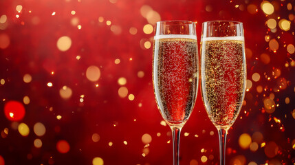 Two champagne glasses with golden bubbles against a festive red background