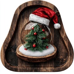 Rustic Wooden Snow Globe with Santa Hat and Christmas Tree