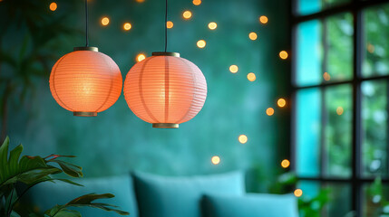 Two paper lanterns illuminating a peaceful living room with green decor and soft lighting