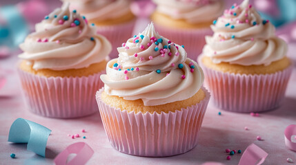Vanilla cupcakes with pink and blue sprinkles, decorated for festive celebration