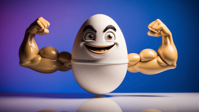 cute cartoon happy egg showing off his arm muscles