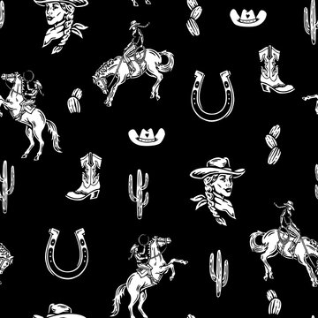 Western Themed Cowgirl Seamless Pattern. Cactus, Cowboy Seamless Repeat Design. Boho Seamless Pattern.