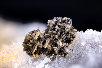 yellow Mimetite on dark Cerussite on clear Quartz. Specimen from Mas Dieu, Laval-Pradel, France....