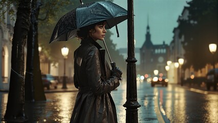 elegant woman standing with an umbrella in the rain at night and waiting