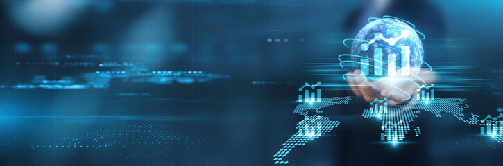Hand holding with a global network connection, representing predictive analytics, technology, and futuristic data insights. A visualization of interconnected systems and advanced analytics.