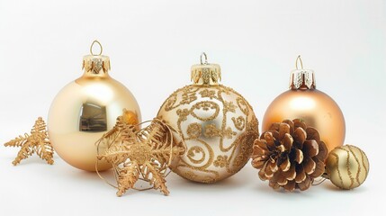 a collection of Christmas ornaments. There are three main baubles: the one on the left is a shiny gold color, the middle one is gold with intricate swirling patterns, and the one on the right is a cop