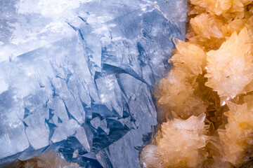 Blue Celestine with yellow Calcite. Specimen from Darah-i-Laman, Qala e Naw District, Afghanistan. ...
