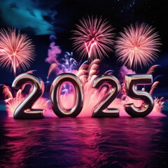 Metallic pink balloons in the shape of the writing '2025' with Fireworks &ndash; Vibrant Festive New Year Digital Art
