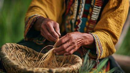 Native American man weaving a traditional basket 