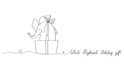 White elephant holiday gift concept drawn by one line. Minimalist vector illustration.