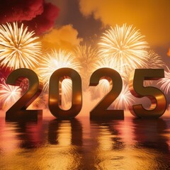 Golden 3D &lsquo;2025&rsquo; with Fireworks Background &ndash; Festive Digital Illustration for New Year Celebration