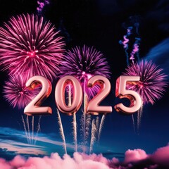 Digital New Year Illustration with Metallic Pink 3D &lsquo;2025&rsquo; and Fireworks in night sky