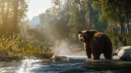 Bear in a Misty Forest River