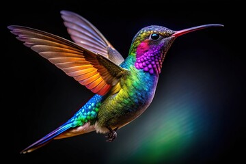 Fototapeta premium colorful hummingbird appearing large in foreground with black background
