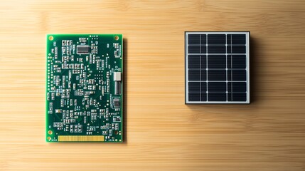 Green Energy Concept: Minimalist Electric Circuit Board and Solar Panel on Wooden Table with Negative Space