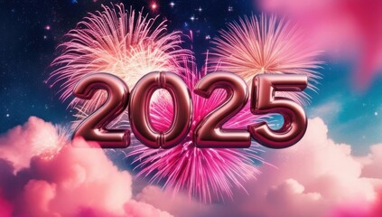 Pink Metallic &lsquo;2025&rsquo; with 3D Effect and Fireworks &ndash; Festive New Year Digital Design