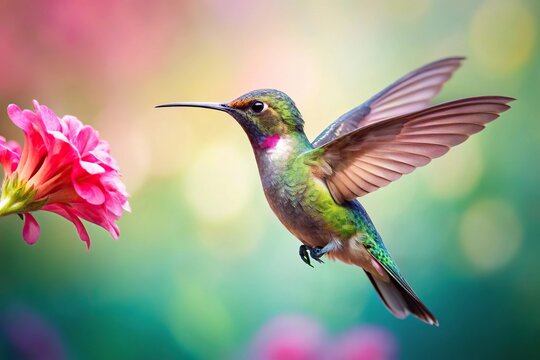 Colorful hummingbird with pink flower