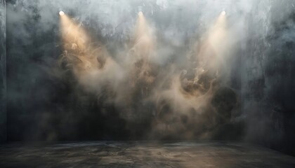 Empty stage with smoke and spotlights. Stage background with smoke.