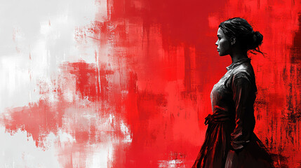 Obraz premium Artistic silhouette in red conveying powerful messages for the International Day for the Abolition of Slavery, highlighting themes of remembrance and social justice.