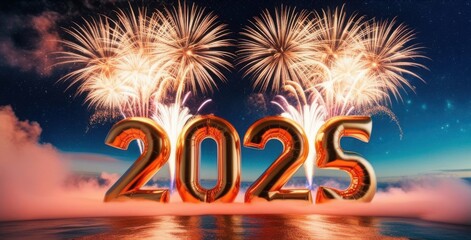 Festive 3D &lsquo;2025&rsquo; in Gold with Fireworks &ndash; Digital Holiday Illustration for New Year