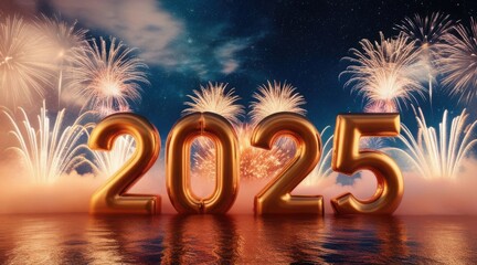 Shiny Gold 3D &lsquo;2025&rsquo; with Fireworks &ndash; Festive New Year Digital Art