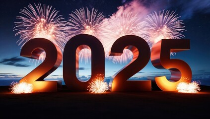 Colorful Fireworks with 3D &lsquo;2025&rsquo; &ndash; Dynamic New Year Celebration Illustration