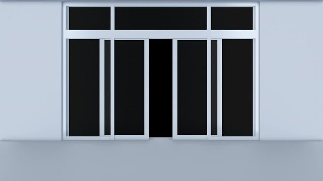 Double sliding automatic glass doors in clean interior. Entrance or exit to supermarket, train station or office. Realistic 3d animation on black background.