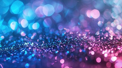 an abstract background featuring a bokeh effect, which creates a soft, out-of-focus blur of lights. The colors transition from blue on the left side to pink on the right side, with a mix of purple in 