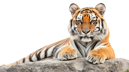 Obraz premium A tiger lying on a rock looking at the camera isolated on a transparent background 