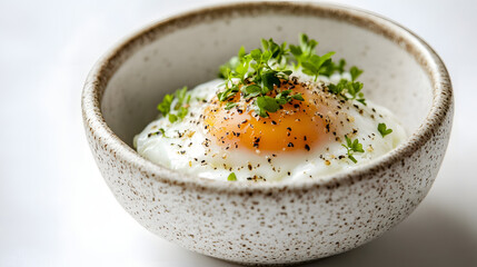 A bowl with a single poached egg on a white surface capturing simplicity and natural protein.