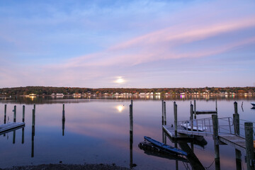 Moonrise at Sunset Over the Niantic River and Docks in Niantic Connecticut