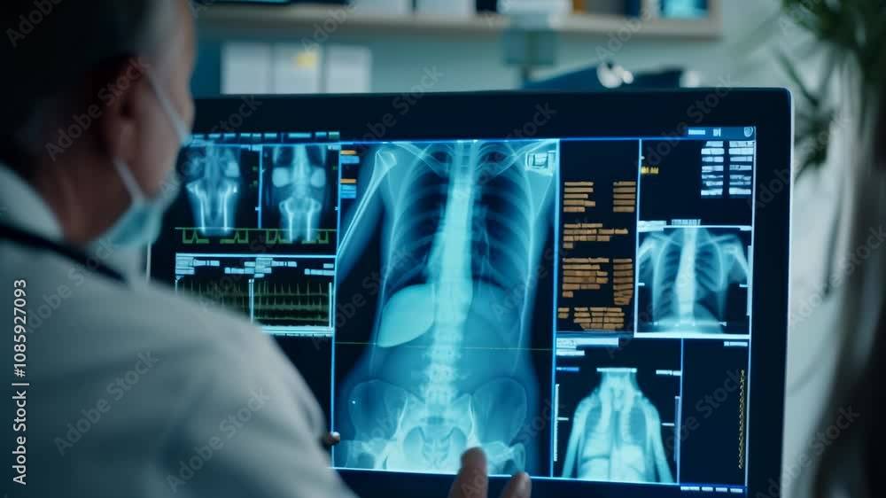 Poster Two doctors are analyzing a patient's x rays and medical data on a computer screen, working together to diagnose and develop a treatment plan