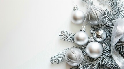 a festive arrangement of silver Christmas ornaments and frosted pine branches on a light background. The ornaments are spherical and metallic, reflecting light and adding a shiny texture to the scene