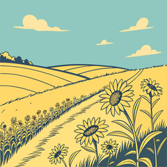 A sunny summer landscape shows a green field of wheat and a vibrant field of sunflowers under a blue sky