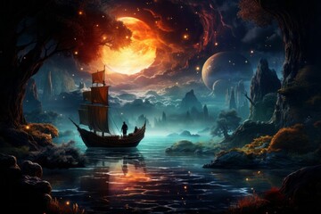 Obraz premium Dream like view of a man in a boat on a lake at night in the moonlight. AI generated