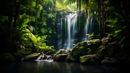 Enchanting jungle waterfall with vibrant foliage and flowing streams, peaceful escape