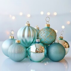 a collection of eight Christmas ornaments arranged in a cluster. They are all spherical and come in various shades of light blue and teal. Some of the ornaments have a matte finish, while others 