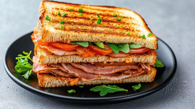 A photostock of a colorful layered sandwich stack with meats and veggies on isolated on transparent PNG background, High Quality.